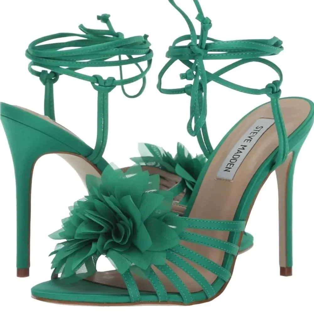 Steve Madden Women's Jolisa Heeled Green Lace-up  Satin Sandals Size 6